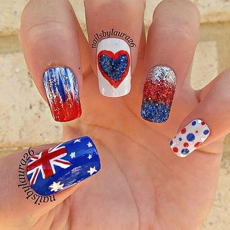 Australia Day Nail Art an American flag instead tho!! American Flag Nails, Patriotic Nail, January Nail Designs, Flag Nails, Popular Nail Art, January Nails, Cute Nail Art Designs, Holiday Nail Art, Simple Nail Art Designs