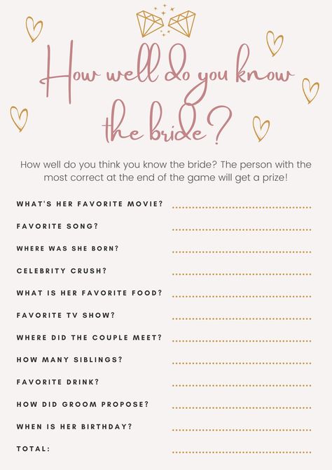 How well do you know the Bride? https://etsy.me/3PZMopl #pink #bridalshower #white #bridalshowergames #printableshower #printablegame #bridalshowergame #bridalshowerdiy #diybridalshower How Well Do You Know The Bride Game, How Well Do You Know The Bride Questions, How Well Do You Know The Bride, How Well Do You Know Me, Bridal Shower Games Free Printables, Bride Shower Games, Shower Dress For Bride, Party Questions, Bride Game