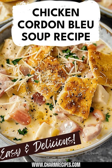 Make your own Chicken Cordon Bleu Soup at home! This cozy, creamy soup perfectly blends chicken, ham, and Swiss cheese, transforming the classic chicken dish into a hearty soup. Ideal for a chilly day, this comforting recipe brings the comforting flavors of chicken cordon bleu and turns them into a delicious bowl. Learn how to combine simple ingredients to create this flavorful dish that's quick to prepare and delightful to savor. Perfect for family dinners or meal prep, discover the secrets behind this comforting soup. Chicken Cordon Blue Soup Crock Pot, Chicken Cordon Bleu Soup Recipe, Soup With Chicken Breast, Chicken Ham And Swiss, Chicken Cordon Bleu Soup, Cordon Bleu Soup, Ham And Swiss, Liver And Onions, Chicken Ham