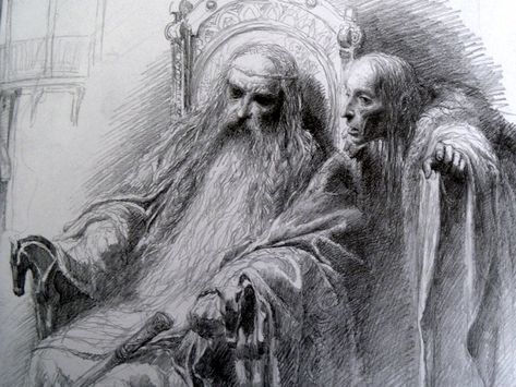 The Lord of the Rings Sketchbook - by Alan Lee (Theoden and Wormtongue) Alan Lee Art, Tolkien Artwork, Tolkien Illustration, Alan Lee, John Howe, Middle Earth Art, Tolkien Art, Lotr Art, Jrr Tolkien