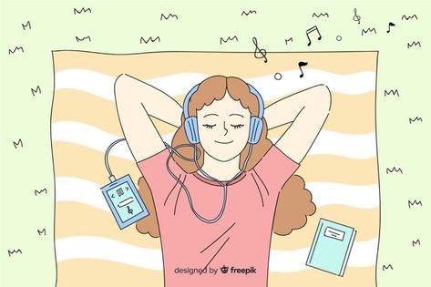 Happy Aesthetic Drawing, Singing Cartoon Aesthetic, Listening To Music Drawing Reference, People Listening To Music Aesthetic, Listening To Music Cartoon, Listen To Music Aesthetic, Girl Listening To Music Aesthetic, Korean Drawing Style, Listening To Music Illustration