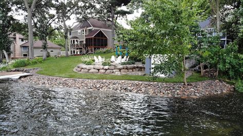 Waterfront Fencing Ideas, Lake Beach Landscaping Ideas, Waterfront Landscaping Ideas, Backyard Landscaping Lake House, Shoreline Ideas, Waterfront Backyard Ideas, Shoreline Landscaping Lakes, Lake House Yard, Lakeshore Landscaping