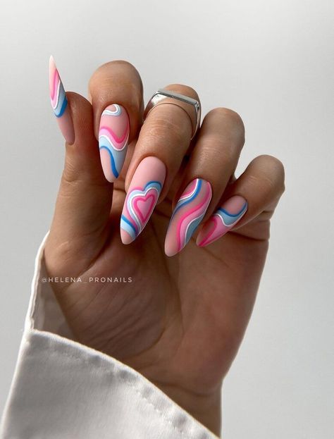 Popular Valentine Nails, Colorful Valentines Nails, Barbie And Ken Nails, Retro Valentines Nails, Ken Nails, Colorful Nails Acrylic, Tippy Tap, Wave Nail Art, Nails Popular