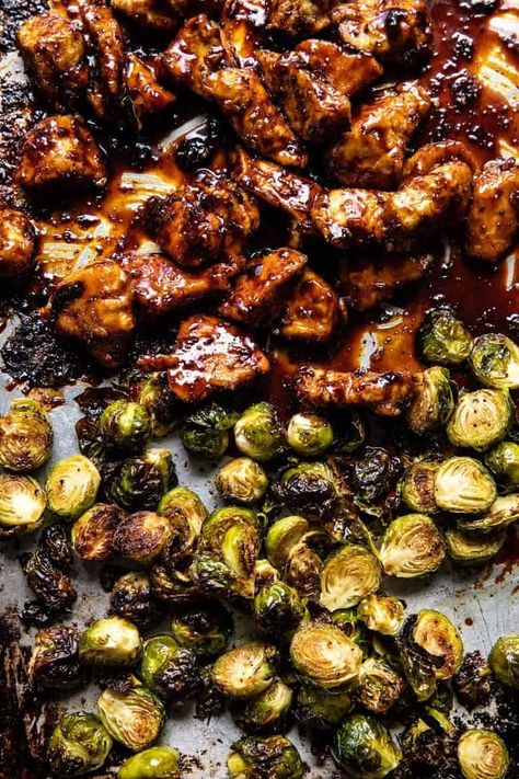 Crispy Brussels Sprouts, Half Baked Harvest Recipes, Easy Sheet Pan Dinners, Sticky Chicken, Sheet Pan Dinners Recipes, Recipe Sheets, Harvest Recipes, Sesame Chicken, Pan Recipes