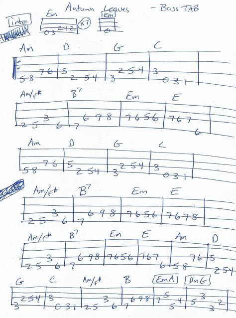 Autumn Leaves - Jazzy Bass Tab in Em - Page 1 of 2 Bass Lines Tab, Bass Theory, Bass Riffs, Bass Guitar Scales, Bass Notes, Bass Guitar Chords, Piano Scales, Bass Lines, Bass Guitar Lessons