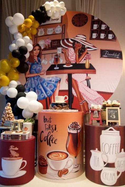 Take a look at this wonderful coffee themed birthday party! The dessert table is so cool! See more party ideas and share yours at CatchMyParty.com    #catchmyparty #partyideas #coffee #coffeeparty #girlbirthdayparty Coffee Birthday Ideas, Coffee Themed Birthday Party, Coffee Party Ideas, Bar Themed Party, Coffee Themed Birthday, Coffee Birthday Party, Coffee Themed Party, Kid Friendly Party, Coffee Birthday