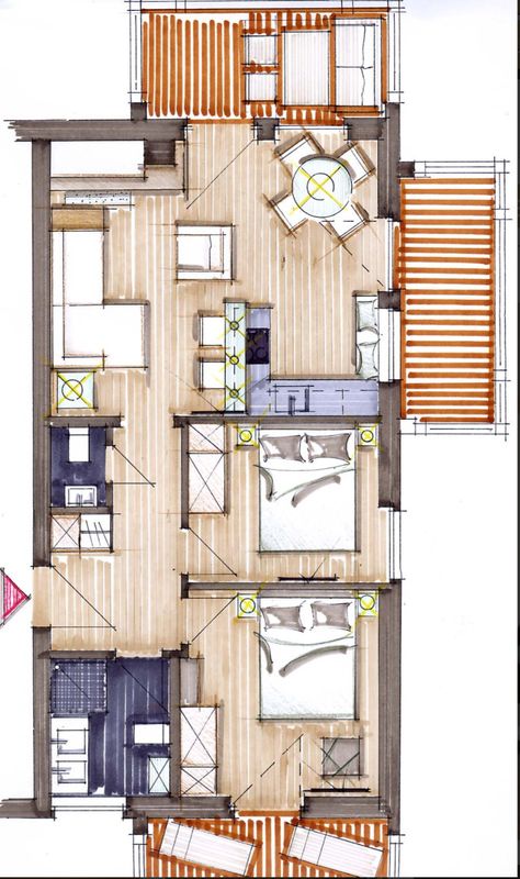 Interior Design Sketches Floor Plans, Interior Architecture Sketch, Interior Design Sketchbook, Rendered Floor Plan, 3d Floor Plans, Architecture Drawing Plan, Interior Design Renderings, Interior Architecture Drawing, Interior Design Drawings