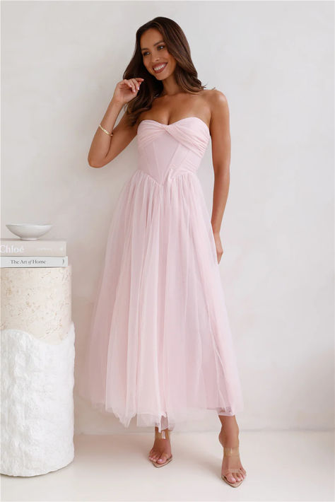 Bring in the compliments with the Worthy Of Diamonds Strapless Tulle Midi Dress. Featuring boning to the bodice and a gorgeous flowy skirt. Style with heels for a fancy day event. #hellomolly Strapless Ruffle Prom Dress, Flowy Off The Shoulder Dress, Formal Pink Dresses, Pink Bridal Shower Dress, Pink Semi Formal Dress, Pink Fairy Dress, Pink Wedding Guest Dress, Elegant Pink Dress, Ballet Fits