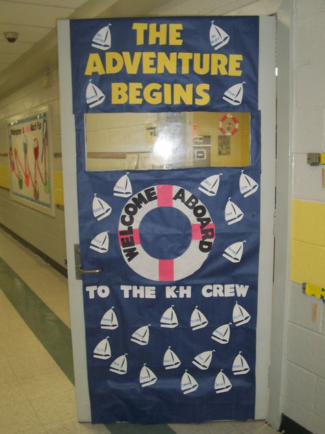 ships and pirates                                                                                                                                                      More Nautical Door Decorations, Nautical Classroom Door Ideas, Boat Classroom Theme, Nautical School Theme, Nautical Classroom Decor, Pirate Theme Classroom, Nautical Classroom Theme, Pirate Classroom, Beach Theme Classroom