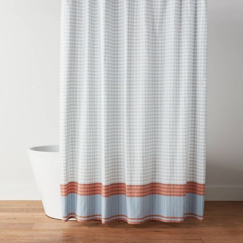 Elevate the look of your bathroom with this Traditional Gingham Plaid Shower Curtain from Threshold™. This decorative shower curtain features a gingham check print in white and blue with a contrasting rust and blue border for classic style. Made from cotton-recycled polyester blend fabric, this printed shower curtain features a buttonhole top for quick installation, while the machine-washable design allows for easy cleaning when needed. Threshold™: Looks like home, feels like you. Light Blue Shower Curtain, Boy Bathroom, Plaid Shower Curtain, Shower Curtain Blue, Cute Shower Curtains, Blue Shower Curtain, Blue Shower Curtains, White Shower Curtain, Boys Bathroom