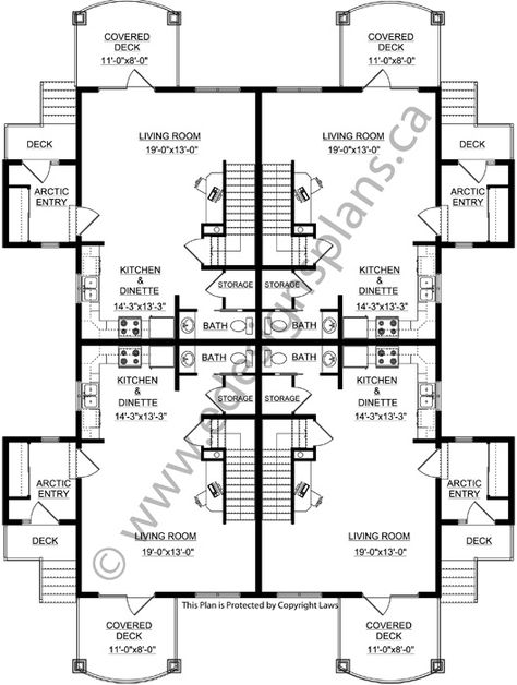 4-Plex Plan 2011544: 2 bedroom 4-Plex Plan with a full basement. Open main floor plan with a separate side entrance. Laundry is on the second floor. Wide House Plans, Small Apartment Building Plans, House Plans With Garage, Wide House, Craftsman Floor Plans, House Plans 2 Story, Mobile Home Floor Plans, Small Apartment Building, Duplex Floor Plans