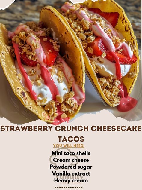 🍓🌮 Dive into Strawberry Crunch Cheesecake Tacos! Sweet, creamy, and crunchy—a dessert lover's dream. #CheesecakeTacos #StrawberryCrunch Strawberry Crunch Cheesecake Tacos Recipe These dessert tacos blend the richness of cheesecake with the freshness of strawberries and a delightful crunch. Ingredients: Mini taco shells: 12 Cream cheese, softened: 200g Powdered sugar: 100g Vanilla extract: 5ml Heavy cream: 120ml Strawberries, diced: 150g Graham crackers, crushed: 50g Freeze-dried strawberr... Cheesecake Tacos Recipe, Dessert Tacos, Cheesecake Tacos, Strawberry Crunch Cheesecake, Crunch Cheesecake, Mini Taco, Dessert Taco, Strawberry Crunch, Mini Tacos