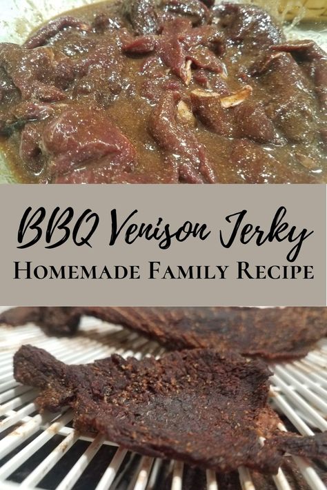 This BBQ venison jerky recipe is based off a family recipe. The main difference is I swapped out the steak sauce for BBQ sauce and we use heat to dehydrate. So it does not take us a whole twelve hours to dehydrate. Using BBQ sauce instead of steak sauce creates a much sweeter piece of jerky with less spice. I still make venison jerky with steak sauce every now and then, but I am an absolute fan of using barbeque sauce. Bbq Jerky Recipes, Venison Jerky Seasoning Recipe, Venison Jerky Marinade Recipes, Venison Jerky Marinade, Deer Jerky Marinade Recipes, Bbq Venison, Jerky Seasoning Recipe, Jerky Marinade Recipes, Venison Jerky Recipe