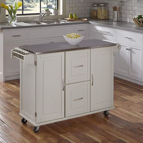 Patriot White Kitchen Cart With Stainless Steel Top by Home Styles White Kitchen Cart, Rolling Kitchen Cart, Off White Kitchens, Island Cart, Cart With Wheels, Rolling Kitchen Island, Kitchen Island Cart, Stainless Steel Countertops, Smart Kitchen