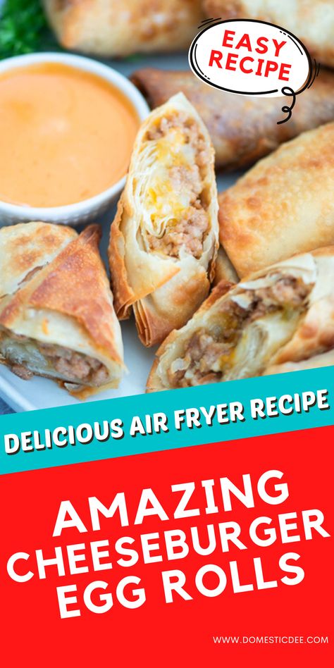 Airfryer Cheeseburger Egg Rolls, Cheeseburger Eggrolls Recipe Air Fryer, Air Fryer Cheeseburger Egg Rolls, Cheeseburger Egg Rolls Air Fryer, Cheeseburger Eggrolls Air Fryer, Airfryer Egg Rolls, Air Fryer Party Food, Air Fried Egg Rolls, Air Fryer Snacks Easy