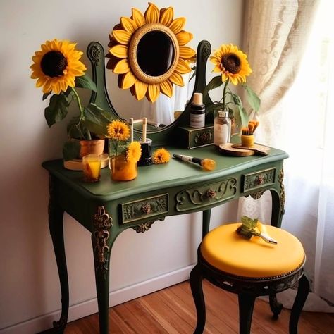 Sunflower Makeup Vanity, Sunflower Fairy, Dream Vanity, Sunflower House, Sunflower Kitchen Decor, Fantasy Furniture, Sunflower Kitchen, Welcome To My House, Diy Kitchen Decor