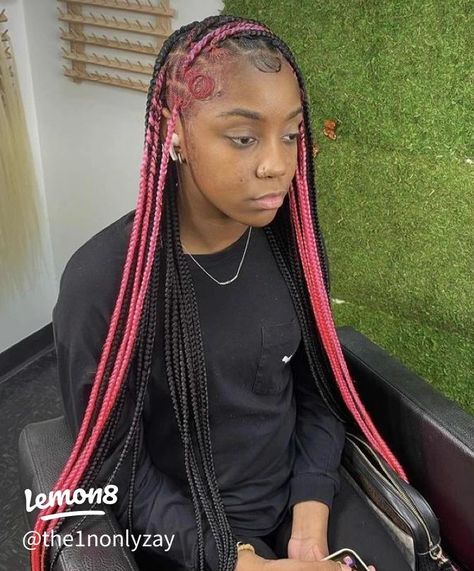 Hope y’all love these💐🤍🫶🏾. | Gallery posted by Zayslay2hard | Lemon8 Knotless Box Braids With Color Pink, Pink And Black Small Knotless Braids, Medium Knotless Braids Color Ideas, Brown Skunk Stripe Knotless Braids, Skunk Strip Knotless Braids, Braid Hairstyles With Color, Large Knotless With Color, Peka Boo Braids Color, Peak A Boo Knotless Braids