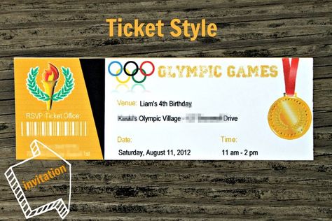 Invite idea Olympic Theme Party, Olympic Theme, Ticket Style, 4th Birthday Party, Olympic Party, Olympic Village, Sports Camp, 4th Birthday Parties, Summer Olympics