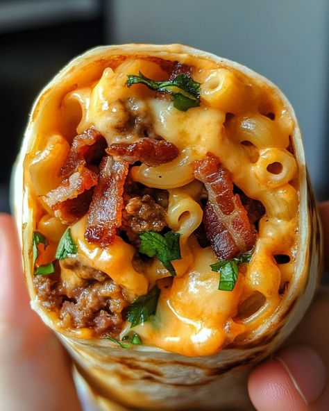 🌯 Bacon Mac 'n' Cheese Burger Wrap 🌯 Ingredients: - 1 lb ground beef - 1 cup mac 'n' cheese (prepared) - 6 strips bacon, cooked and crumbled - 4 large flour tortillas - 1 cup shredded cheddar cheese - 1/4 cup barbecue sauce (optional) - Salt and pepper to taste Instructions: 1. Cook ground beef in a skillet over medium heat until browned. Season with salt and pepper. 2. Warm the flour tortillas in a pan or microwave. 3. Spread a layer of mac 'n' cheese in the center of each tortilla. 4. T... Bacon Mac And Cheese Burger Wrap, Simple Cheap Dinners, Burger Wrap, Mac And Cheese Burger, Bacon Mac And Cheese, Shredded Cheddar Cheese, Cheese Burger, Yummy Comfort Food, Easy Snack Recipes