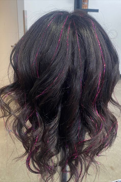 click the link to get hair tinsel for summer! #hair #hairtinsel #tinsel #cosmo #cosmoschool Fairy Hair Tinsel Black Hair, Black Hair With Pink Tinsel, Red Tinsel In Black Hair, Tinsel Hair Pink, Purple Tinsel In Brown Hair, Purple Hair Tinsel Brunette, Blue Hair Tinsel Brunette, Short Hair Tinsel, Pink Tinsel In Brown Hair