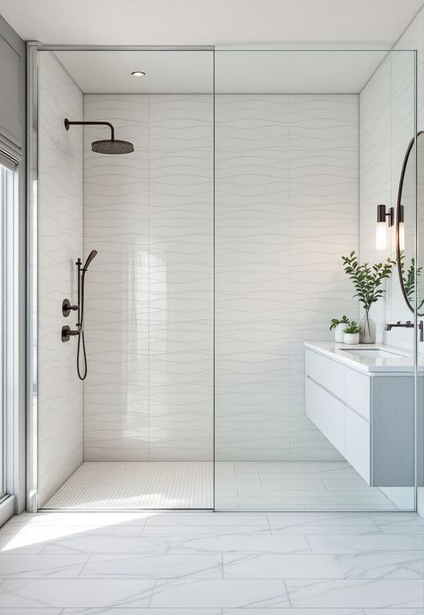 Coastal Bathroom Shower Ideas White Textured Tiles Bathroom, Wavy White Tile Bathroom, White Wave Tile Bathroom Showers, White Tile Shower Ideas Walk In, Coastal Shower Tile Ideas, Textured Tiles Bathroom, Beach House Master Bath, Coastal Bathroom Tile, Wave Tile