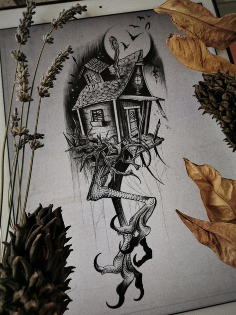 Witch House Tattoo, Baba Yaga House Tattoo, Witch House Drawing, Baba Yaga Tattoo, Witch Illustration Art, Babayaga Tattoo, Grimoire Inspiration, Baba Yaga House, Abstract Tattoo Ideas