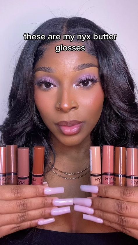 this isn’t even all of them😭 i’m OBSESSED lol which is your fav? #nyx... | nyx butter gloss | TikTok Nyx Butter Gloss Black Women, Nyx Butter Gloss Swatches, Nyx Lip Combos For Brown Skin, Nyx Lip Combo, Lip Combos For Black Women, Butter Lip Gloss, Nyx Lip Gloss, Glossy Lips Makeup, Skin Tone Makeup