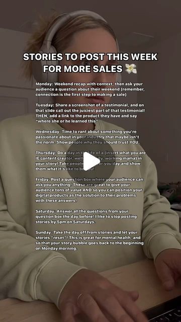 Abigail Peugh | IG Growth & Digital Products on Instagram: "Comment “RGS” if you want to learn more about how to sell in your stories! 🫶🏼 Oh, and save this for later so you can come back to it on Monday! 😉 ➡️ Monday: Weekend recap with context, then ask your audience a question about their weekend (remember, connection is the first step to making a sale) ➡️ Tuesday: Share a screenshot of a testimonial, and on that slide call out the juiciest part of that testimonial! THEN, add a link to the product they have and say “where she or he learned this” ➡️ Wednesday: Time to rant about something you’re passionate about in your industry that maybe isn’t the norm. Show people why they should trust YOU. ➡️ Thursday: Do a day in the life of a (insert what you are IE content creator, wellnes Monday Monday, Trust You, Day In The Life, Questions To Ask, Trust Yourself, Digital Products, Content Creator, First Step, Come Back