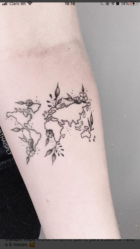 Floral World Map Tattoo, Floral Earth Tattoo, Newfoundland Tattoo, Couples Tats, Stones Drawing, Couple Tat, World Map Tattoos, Globe Tattoos, Map Tattoo