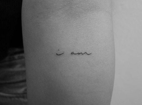 “I am” tattoo on the inner forearm. As I Am Tattoo Words, I Am I Am I Am Tattoo, Just As I Am Tattoo, I Am That I Am Tattoo, Who Am I Tattoo, Micro Wrist Tattoos For Women, Tiny Forearm Tattoo, I Am Tattoos, Delicate Word Tattoo