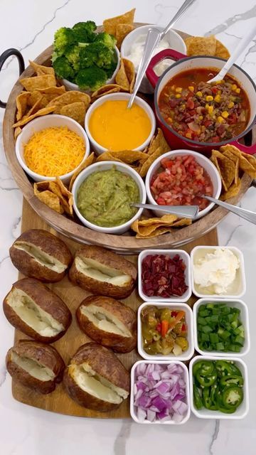 Baked Potato Board, Potato Board, Game Night Food, Baked Potato Bar, Potato Bar, Mexican Snacks, Sprinkle Salt, Charcuterie Inspiration, Night Food