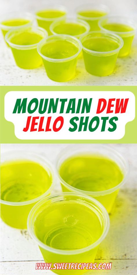 These Mountain Dew Jello Shots are made with pineapple jello, Melon Liqueur, Triple Sec, vodka, and of course, Mountain Dew soda. For more recipes follow me here on Pinterest. Sweet Tea Jello Shots, Fall Jello Shots Alcohol, Cocktail Jello Shots, Jello Shot Recipes Tequila, Whiskey Jello Shots Recipe, Gin Jello Shots, Green Jello Shots, Espresso Martini Jello Shots, Wild Berry Skittles Jello Shots