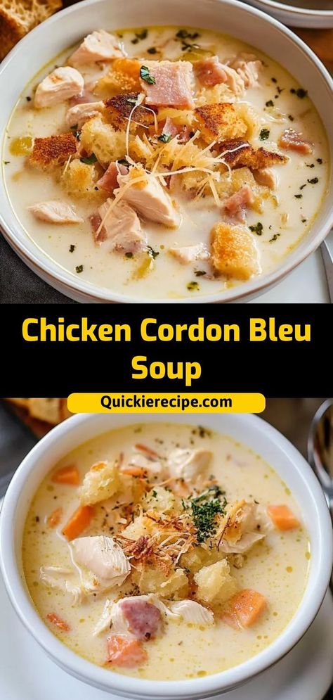 This Chicken Cordon Bleu Soup is creamy, savory, and filled with tender chicken, smoky ham, and melty cheese. Ingredients: 2 cups cooked chicken, shredded 1 cup diced ham 4 cups chicken broth 1 cup heavy cream A comforting, cheesy soup inspired by a classic dish Chicken Ham And Cheese, Chicken Cordon Bleu Soup, Cordon Bleu Soup, Cheesy Soup, Hearty Chicken Soup, Ham Soup Recipes, Soup With Chicken, Chicken Shredded, Dijon Chicken