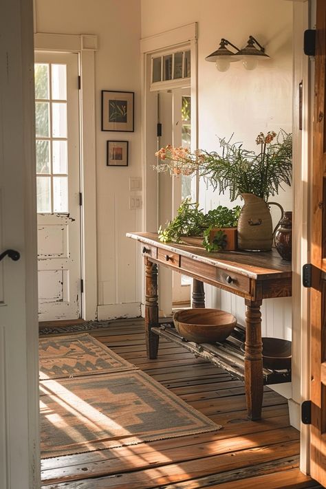 Cottagecore Entryway Ideas - Quiet Minimal Cottagecore Entryway, Entry Hall Ideas, Entryway Aesthetic, Minimal Farmhouse, Rustic Benches, Cottage Entryway, Dining Room Corner, Welsh Cottage, Cottagecore Farmhouse