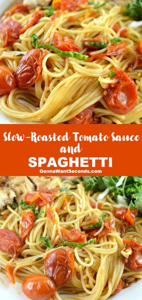 *NEW* Slow-Roasted Tomato Sauce And Spaghetti both gorgeous and satisfying. Quick assembly then roast/ caramelize those tomatoes, and garlic in olive oil/ thyme. #Spaghetti #RoastedTomatoes #FreshSpaghetti Caramelized Tomatoes, Garlic In Olive Oil, Grilled Dinner Recipes, Roasted Tomato Pasta, Slow Roasted Tomatoes, Roasted Tomato Sauce, Pasta Noodle Recipe, Baked Tomatoes, Meatless Main Dishes