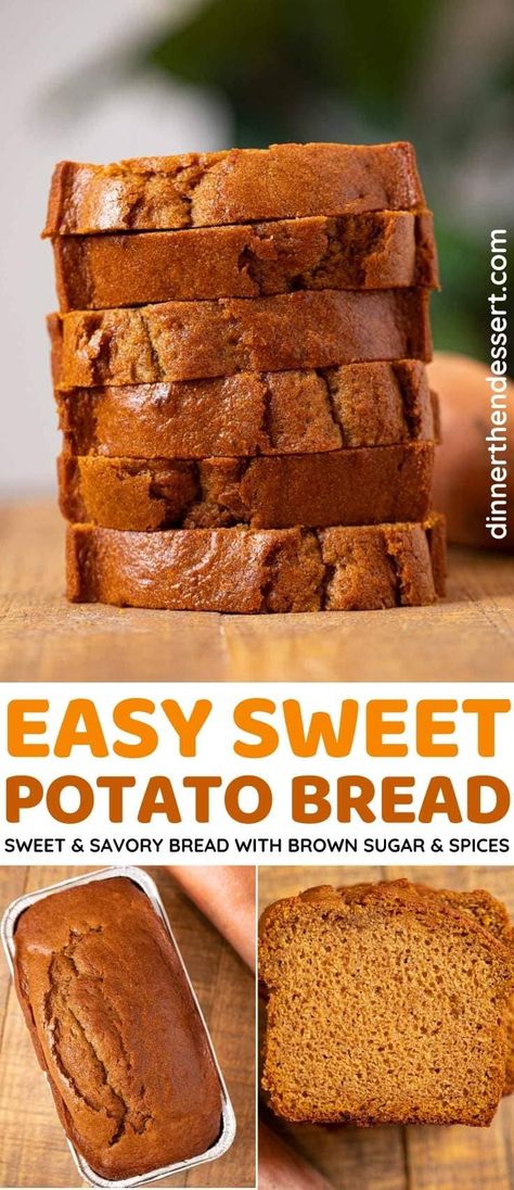 Easy Sweet Potato Bread is a sweet and savory bread recipe. #dinner #thanksgiving #bread #quickbread #sweetpotato #sweetbread #baking #holidaybaking #dinnerthendessert Resep Vegan, Thanksgiving Bread, Sweet Potato Dessert, Savory Bread Recipe, Freeze Sweet Potatoes, Easy Sweet Potato, Sweet Potato Bread, Dinner Thanksgiving, Sweet Potato Muffins