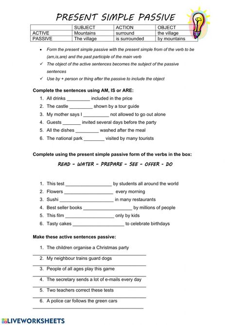 Grammar Activities Worksheets, Voice Change, Active And Passive Voice, Elementary Worksheets, Main Verbs, Passive Voice, Active Passive, Simple Present Tense, English Teaching Materials