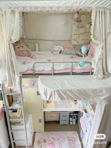 Loft Bed Ideas Cottage Core, Loaf Bed Ideas, Top Bunk Bed Decorating Ideas, Cute Room Ideas For Small Rooms, Minimalist Bedroom Ideas, Modern Bedroom Ideas, Dream Bedroom Inspiration, Cute Bedroom Ideas, Dekorasi Kamar Tidur