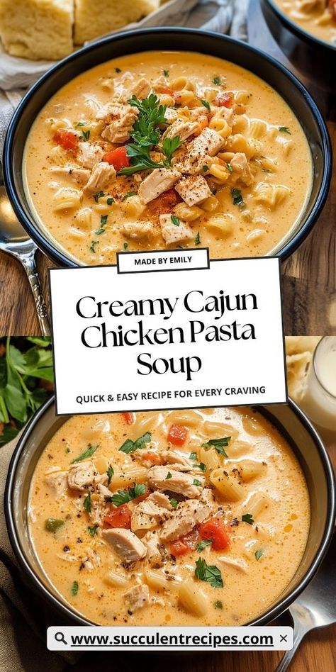 A hearty, creamy soup with all the bold flavors of Cajun chicken pasta—perfect for a cozy, satisfying meal. Cajun Pasta Soup, Chicken And Pasta Soup Recipes, Creamy Winter Soup Recipes, Creamy Winter Soups, Chicken And Pasta Soup, Chicken Pasta Soup Recipes, Cajun White Chicken Chili, Soup With Pasta Recipes, Cozy Chicken Recipes