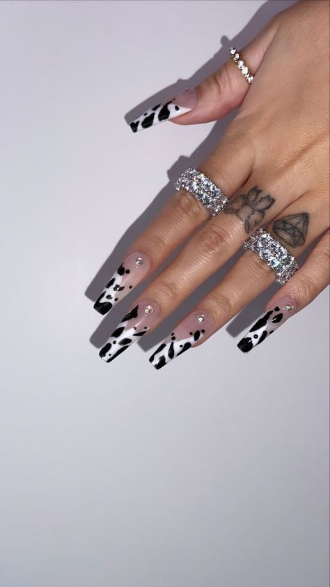 Cow Print Nails, Press On Nails Long, Cow Nails, Black White Abstract, Drip Nails, Print Nails, Simple Acrylic Nails, Main Menu, Coffin Nails Long