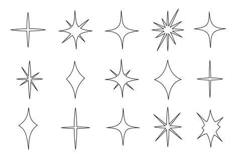 Sparkle star set icon in doodle style, vector illustration. Effect shiny and twinkle for design. Outline star collection isolated symbol for decor. Silhouette simple shape star on white background Different Star Designs, Stars Border Design, Simple Star Drawing, Sparkle Doodles, Star Outline Tattoo, Shiny Tattoo, Dnd Character Sheet, Star Vector, Design Outline