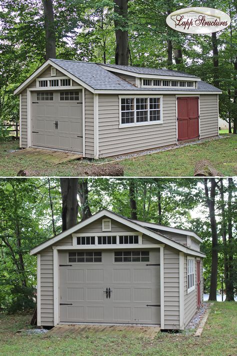 Thanks to its transom dormer and window above the overhead door, this one car garage will never be short on natural sunlight! Garage With Window Above, Greenhouse Gazebo, Single Car Garage, One Car Garage, Shed Garage, Shed Makeover, Backyard Storage Sheds, Backyard Storage, Storage Sheds