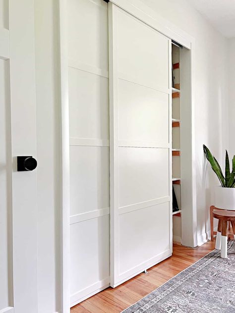 Diy Basement Closet Ideas, Sliding Closet Doors Modern, Closet Sliding Door Ideas Mirrored, Full Wall Closet Sliding Doors, Textured Closet Door, Install Sliding Closet Doors, Diy Mirrored Closet Doors, Sliding Closet Door Makeover Diy Ideas, Slatted Closet Doors