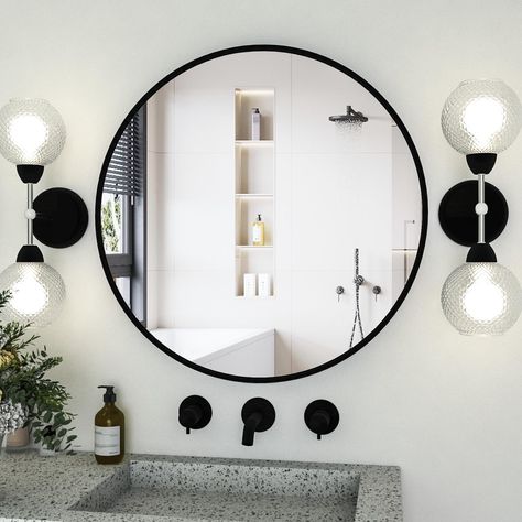 PRICES MAY VARY. Exquisite craftsmanship: Our 32 inches round wall mirror is made of a wheel-shaped aluminum frame and premium float glass that resists distortion and breakage, providing you with high-definition imaging without any visual distortion Modern Design: After several generations of mirror design upgrades, our metal round mirror is apply to various scenarios. Help reflect light around the room, expanding visual space while be used as wall art decoration Decorative Mirror: Classic black Black Circle Mirror, Large Bathroom Mirror, Entrance Mirror, Bathroom Mirror Wall, Black Round Mirror, Large Bathroom Mirrors, Mirror For Living Room, Large Bathroom, Mirror Large