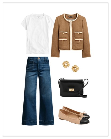 This is a wonderful transitional outfit idea and one you can wear from work to weekend. It includes a tan tweed jacket with the most beautiful white trim and gold button details. I styled it with a basic white crewneck tee and wide-leg jeans. For shoes I went with an affordable pair of cap toe ballet flats that look so much like designer styles but are a fraction of the cost. And I tied this look together with gold knot earrings and a black crossbody bag. Clothes Pairing Ideas, Flat Shoe Work Outfits Women, Nantucket Dinner Outfit, Tweed Shoes Outfit, Black Button Dress Outfit, How To Wear A Black Denim Jacket, Tweed Jacket Outfit 2023, Black And Tan Shoes Outfit, Black Button Up Sweater Outfit