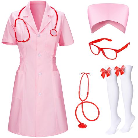 PRICES MAY VARY. Package includes:pink short sleeve nurse outfit doctor costume lab coat costume *1,nurse hat *1,glasses *1,stethoscope prop *1, red bow socks *1 pair,5-piece set. Material:Halloween women nurse uniform doctor costume labe coat role play costume outfit made of polyester,comfortable and breathable. The waist of this nurse lab coat outfit is adjustable with nurse accessories,it's the perfect costume for dress up halloween rolepay party. Perfcet for:nurse costume theme party,nurse d Lab Coat Outfit, Lab Coat Costume, Haunted Trail, Powerpuff Girls Costume, Nurse Dress, Nurse Halloween Costume, Nurse Accessories, Nurse Outfit, Doctor Coat