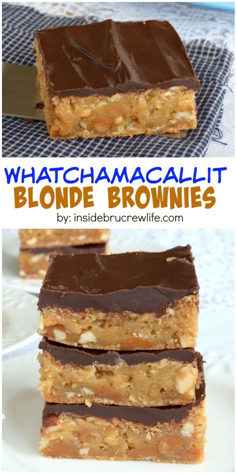 Caramel, peanuts, and chocolate give these blonde brownies a Whatchamacallit candy bar taste. Blonde Brownies, Bar Desserts, Tummy Yummy, Sweet Bar, Blondie Brownies, Brownie Desserts, Dessert Bar Recipe, Cookie Brownie Bars, Cookie Bar Recipes