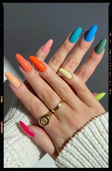 Cute Summer Nails For 2022 For Every Style : Skittle Colour Nails Summer Nails 2023 Multi Color, Colourful Nail Extensions, Nail Extensions Colours, Mixed Colors Nails, Multi Coloured Nails, Multicoloured Nails, Thanksgiving Nails Design, Nails Design Fall, Thanksgiving Nail Ideas