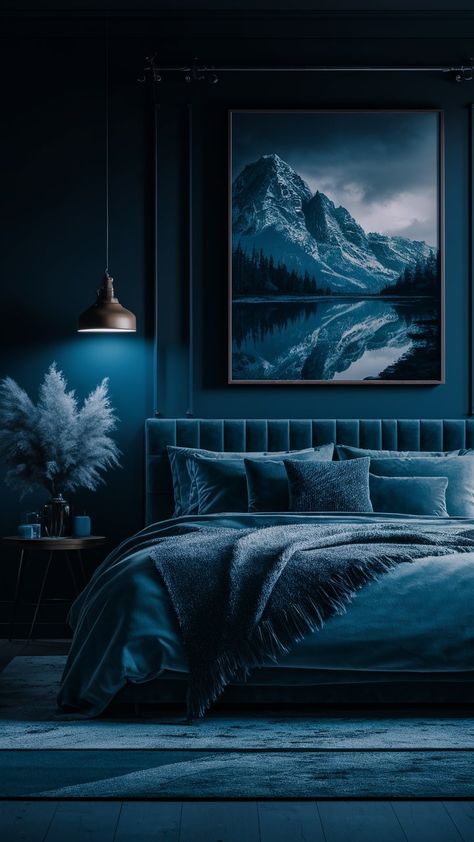 Dive into luxury with this modern bedroom retreat, inspired by deep ocean hues. 🌊💙 The rich dark blue walls create an inviting atmosphere, complemented by the statement bed and cozy rug. The elegant chandelier adds a hint of glam, making it an ideal space for relaxation and rejuvenation. Create your own nautical-inspired haven with this sophisticated design! #HomeDecor #ModernLiving #BedroomInspo Dark Blue Gothic Bedroom, Dark Ocean Themed Bedroom, Midnight Blue Room, Blue Hotel Room, Deep Blue Bedroom, Royal Blue Bedrooms, Blue Bedroom Colors, Statement Bed, Ocean Bedroom