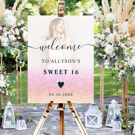 Sweet 16 Summer, Pink Glitter Ombre, Paris Sweet 16, Sweet 16 Party Themes, Posters Typography, Pink Sweet 16, Sweet Sixteen Birthday Party Ideas, Sweet 16 Themes, Girly Birthday Party